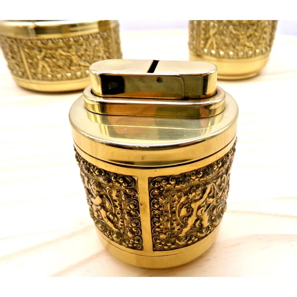 Erhard & Sohne Germany Brass Smokers Set Ashtray Lighter Cigarette Dispenser Vtg